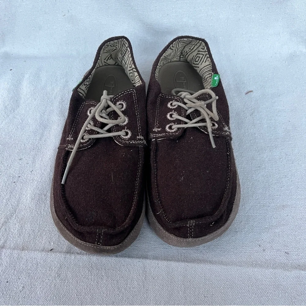 EUC Sanuk Mainsteez Men's Boat Shoes Brown Wool Suede Textile Casual Slip Ons